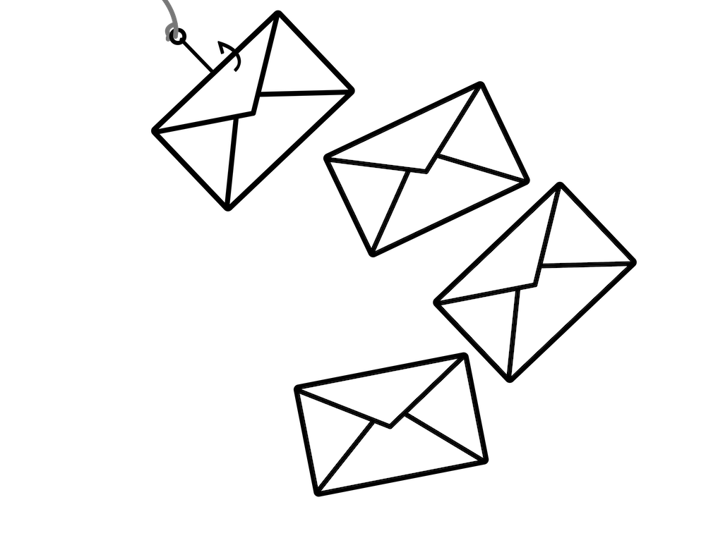 Lijntekening van vier enveloppen, waarvan één aan een vishaak
